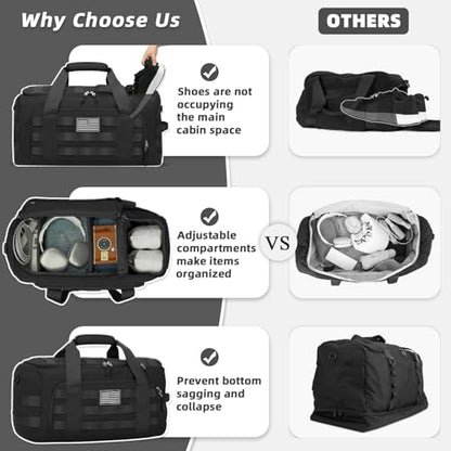 ZOMFELT Tactical Gym Bags for Men, 22x14x9 Carry On Luggage Duffle Bag for Travel, 3-in-1 Sports Basketball Soccer Bag with Removable Dividers & Shoe Compartment, Weekender Overnight Travel bag, Black - size: Medium