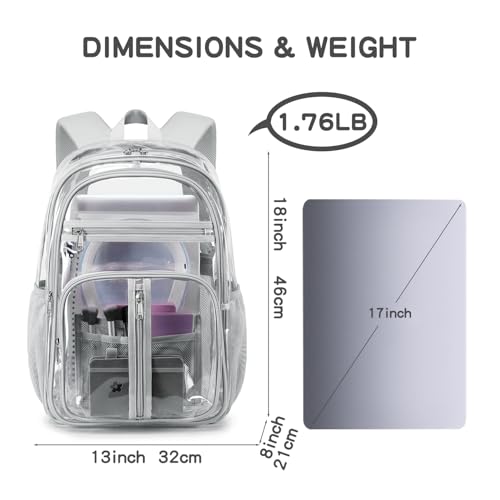 Cusangel XL TPU Clear Backpack Heavy Duty for Stadiums,18in School Bookbag Teens 15+ boys Girls and Adults Multi-Pocket Design & Reinforced Stitching(Grey-18inch) - color: Grey-18inch