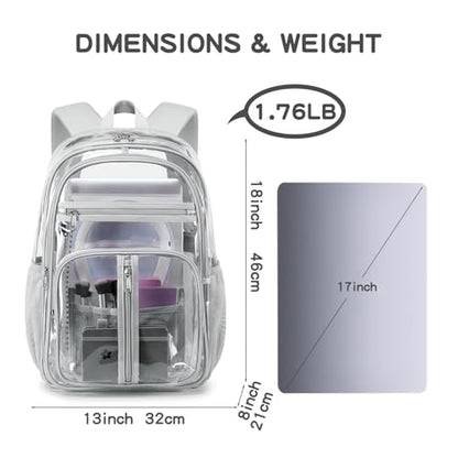 Cusangel XL TPU Clear Backpack Heavy Duty for Stadiums,18in School Bookbag Teens 15+ boys Girls and Adults Multi-Pocket Design & Reinforced Stitching(Grey-18inch) - color: Grey-18inch