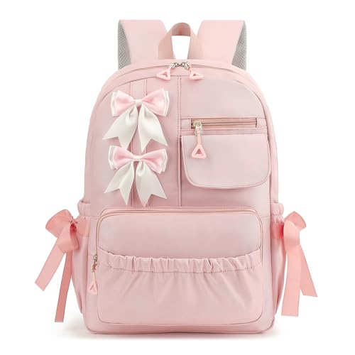 Girls High Middle School Backpack with Bows for Kids Kawaii Coquette Bookbag 5-12 - color: Pink, size: Large (17"h)