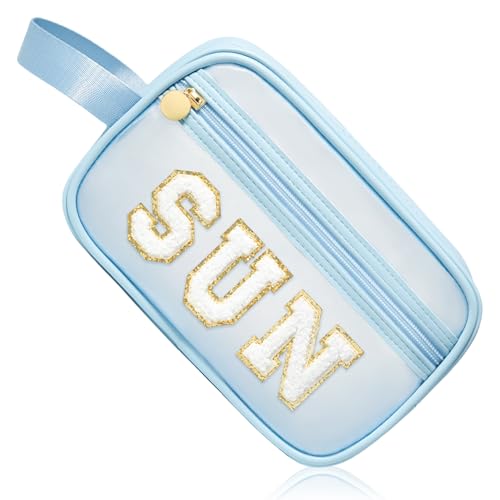 COSHAYSOO Clear Sunscreen Bag Makeup Toiletries Pouch Beach Vacation Essentials Summer Travel Stuff Accessories Personalized Graduation Gifts for Her Women College Teen Girls Teacher Nurse Blue SUN - color: Blue-SUN