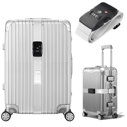 Luggage Straps TSA Approved with Combination Lock, Adjustable Suitcase Belts for 20"-32" Luggage, with Name ID Card for Identify, Travel Airport Accessories for Checked Bags (Straight Silver) - color: Straight Silver