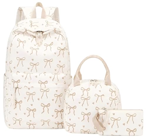 LOIDOU Backpack for Teen Girls Bookbags School Backpack with Lunch Box and Pencil Case 3 in 1 School Bags Set - color: Bow Tie Brown Beige