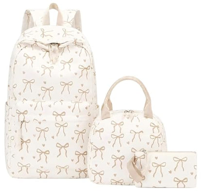 LOIDOU Backpack for Teen Girls Bookbags School Backpack with Lunch Box and Pencil Case 3 in 1 School Bags Set - color: Bow Tie Brown Beige