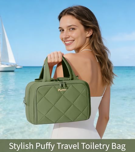 Travel Toiletry Bag, Large Wide-open Puffy Makeup Bag for Women Army Green - color: Army Green