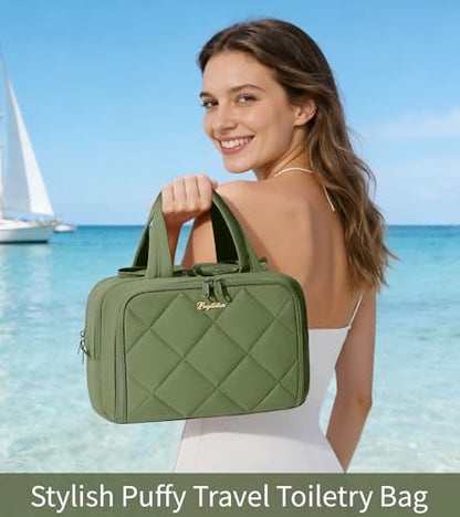 Travel Toiletry Bag, Large Wide-open Puffy Makeup Bag for Women Army Green - color: Army Green