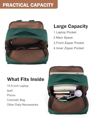 MASINTOR 15.6 inch PU Leather Laptop Backpack Purse for Women, Large College Casual Backpack Travel Bag Retro Green - color: Retro Green