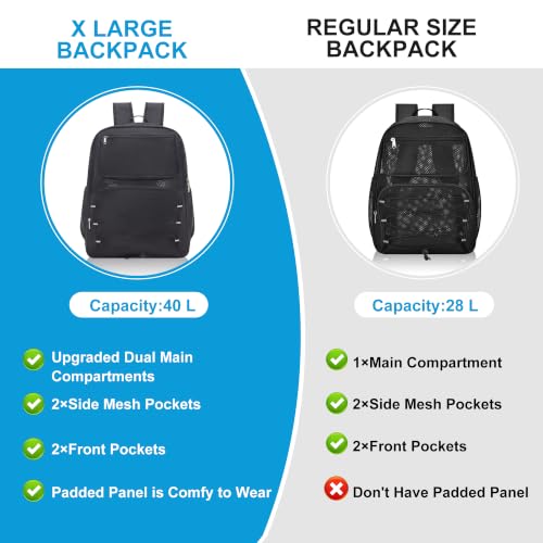 Paxiland Mesh Backpack Heavy Duty See Through Mesh Bookbag Large Backpack 19×14×9‘’ for School Travel Swimming Outdoor Sports Beach, Black Plus-40L - color: Black Plus-40l