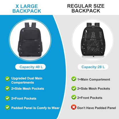 Paxiland Mesh Backpack Heavy Duty See Through Mesh Bookbag Large Backpack 19×14×9‘’ for School Travel Swimming Outdoor Sports Beach, Black Plus-40L - color: Black Plus-40l