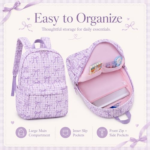 LEDAOU Backpack for Girls School Bag Kids Bookbag Teen Backpack Set Daypack with Lunch Bag and Pencil Case | Kids - color: A-bow Tie Purple