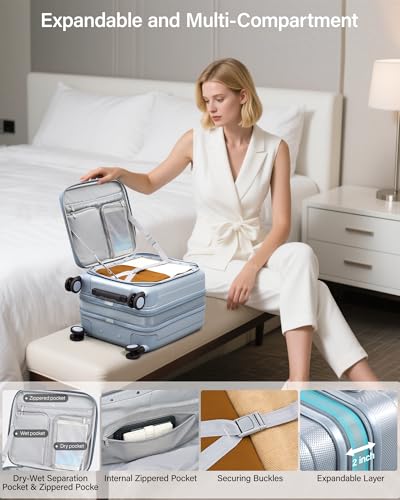 Hanke Top Opening Carry-On - Expandable 16 Inch Airline Approved Spinner | Easy-access top opening,360° spinner wheels,lightweight expandable hardshell, fits overhead bins,for overnight business trips - color: Grey, size: 16 Inch Expandable