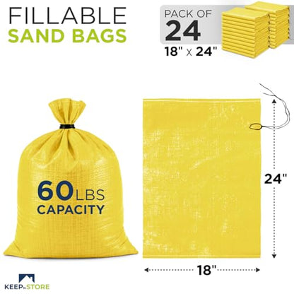 Heavy Duty Sand Bags Pack of 24, Bright Yellow Empty Sandbags with Built-In Ties, Woven Polypropylene UV Protection 1600 Hours, Fillable Bags for Flood Control, Weight, 18x24 inches, 60 Pounds Volume - size: 18"W x 24"L, style: Pack of 24