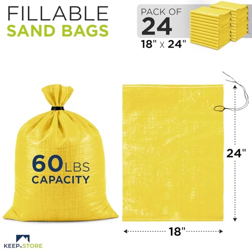Heavy Duty Sand Bags Pack of 24, Bright Yellow Empty Sandbags with Built-In Ties, Woven Polypropylene UV Protection 1600 Hours, Fillable Bags for Flood Control, Weight, 18x24 inches, 60 Pounds Volume - size: 18"W x 24"L, style: Pack of 24