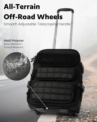 AUROTIER Rolling Tactical Laptop Backpack, Underseat Travel Backpack with Wheels, 16 Inch Wheeled Computer Backpack for Men and Women, Roller Overnight Molle Outdoor Hiking College Carry on Luggage - color: Black