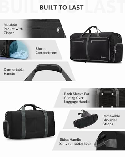 Gonex Large Foldable Travel Duffle Bag with Shoes Compartment, Packable Lightweight Water Repellent Duffel Bag for Camping Gym Weekender Bag - color: Black, size: 150L