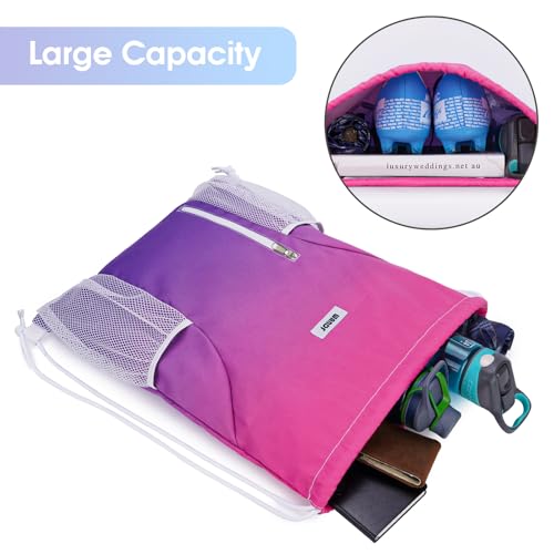 WANDF Drawstring Backpack Sports Gym Sackpack with Mesh Pockets Water Resistant String Bag for Women Men (Rose Red) - color: Rose Red