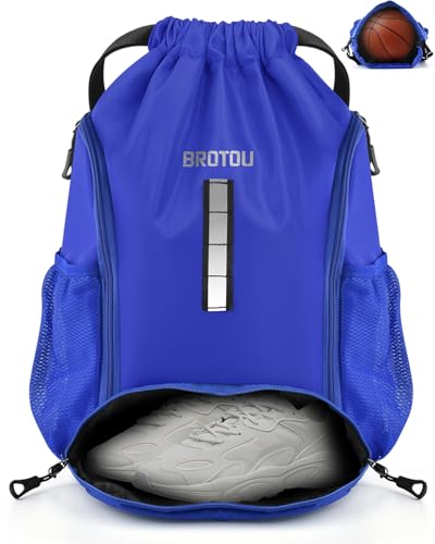 BROTOU Soccer Drawstring Backpack, Basketball Bag, Volleyball Football Bags with Ball and Shoe Compartment - color: Blue