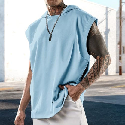 domirica Sleeveless Hooded Mens Shirt Tshirts Loose Fit Fitness Street Outfit Summer Regular Casual Tank Top - color: Blue, size: X-Large