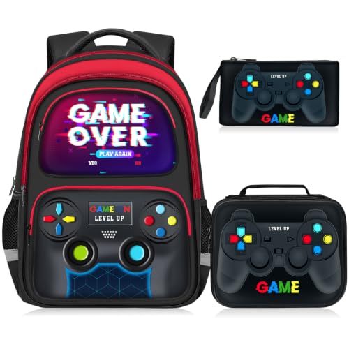 School Backpack for Boys - 3pcs Gamer Boys Backpack with Lunch Box Set for Kids Teens Elementary Middle School - 17″ Video Game Bookbag Travel Back Pack for Age 6-18 - color: Gamer Red-backpack Set