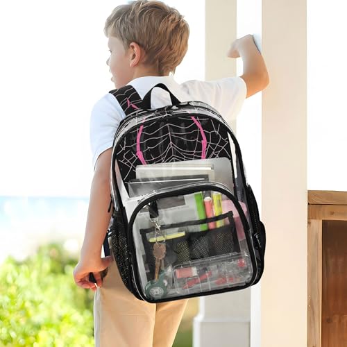 Pink Spider and Spider Web on Black Clear Backpack PVC Transparent Backpack Lightweight Book Bags Capacity Clear Bag for Boys Girls - color: Charcoal Grey
