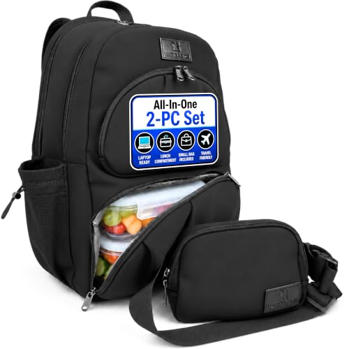 All-in-One Laptop Backpack and Crossbody Set for Women, Lunch Compartment, Full Size 18 Inch Neoprene Work Travel Backpack, Structured Lunch Cooler, Fits 17 Inch Laptop, Carry On Personal Item, Black - color: Black
