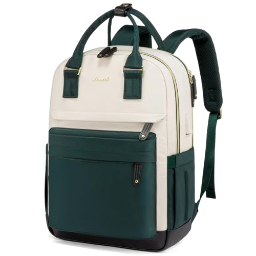 LOVEVOOK Travel Laptop Backpack Women, 15.6 Inch Anti-theft Laptop Bag with USB Port, Fashion Waterproof Computer Backpacks Teacher Nurse Backpack Purse for College School Work - color: Beige-dark Green, size: 15.6 Inch