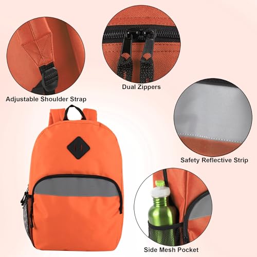 Trail maker 17" Backpack – Reflective School Backpack with Padded Straps, Water Bottle Pockets for Kids & Adults, School Travel Camp (Orange) - color: Orange
