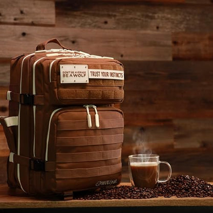 WOLFpak 35L Athletic Gym Backpack - Durable 1000D Waterproof Oxford Material with MOLLE Webbing, Laptop Pocket - color: Mocha Brown