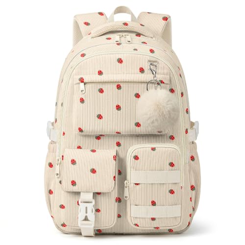 Corduroy Backpack for Teen Girls, Aesthetic Cute Strawberry Polka Dot School Backpack with Multi-Pocket, Lightweight Bookbag Fits 15.6 Inch Laptop, Large Capacity Casual for School Travel - color: Strawberry Polka Dot