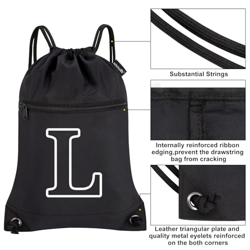HOLYLUCK Drawstring Bags Initial Backpack Sackpack Cinch Bags for Sports, Gym, Travel, Beach (Black-L) - color: Black-l