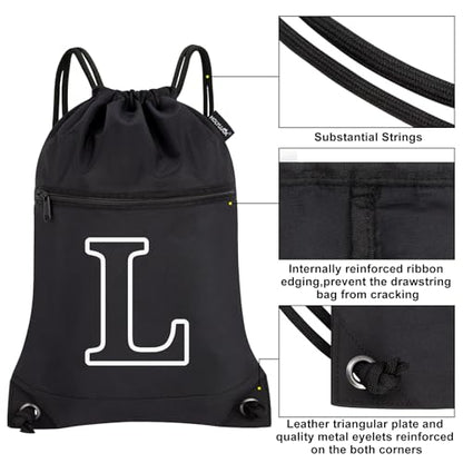 HOLYLUCK Drawstring Bags Initial Backpack Sackpack Cinch Bags for Sports, Gym, Travel, Beach (Black-L) - color: Black-l