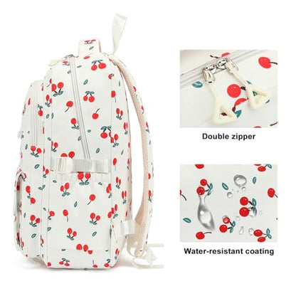 Kids High Middle School Backpack for Girls 5-12 Kawaii Travel Cherry Bookbag,Beige Cherry - color: Beige Cherry