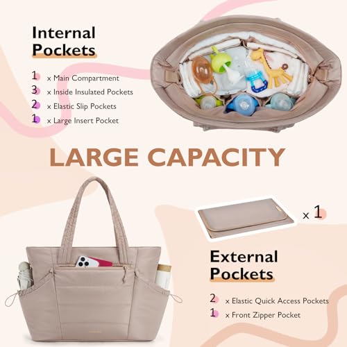 mommore Diaper Bag Tote with Stroller Organizer Puffer Bag Large Capacity Baby Bag with Changing Pad for Travel, Hospital - color: Khaki
