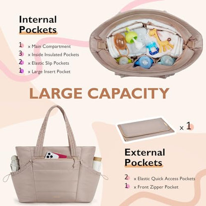 mommore Diaper Bag Tote with Stroller Organizer Puffer Bag Large Capacity Baby Bag with Changing Pad for Travel, Hospital - color: Khaki