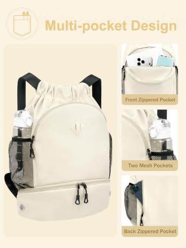 RHDZO Drawstring Backpack with Shoe Compartment and Wet Pocket, Large Beige - color: Large Beige, size: Large
