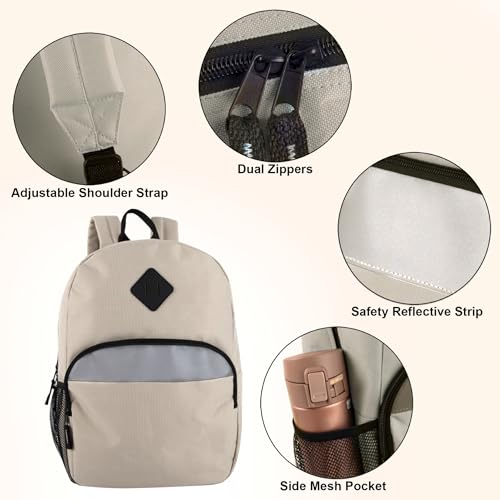 Trail maker 17" Backpack – Reflective School Backpack with Padded Straps, Water Bottle Pockets for Kids & Adults, School Travel Camp (Khaki) - color: Khaki