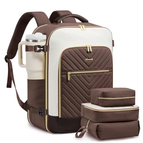 LOVEVOOK Large Travel Backpack for Women, TSA Carry on Backpack for Airplanes, 40L Personal Item Travel Bag for Women fits 17" Laptop,Waterproof Carry on Bag Airplane Approved with 3 Packing Cubes - color: Coffee Brown, size: 40L-4Pcs