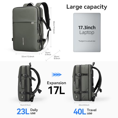 MARK RYDEN Travel Backpack for Men, 40L Airline Approved Carry on Backpack with USB Charging Port, 17.3 Inch Waterproof Business Laptop Backpack - color: Green