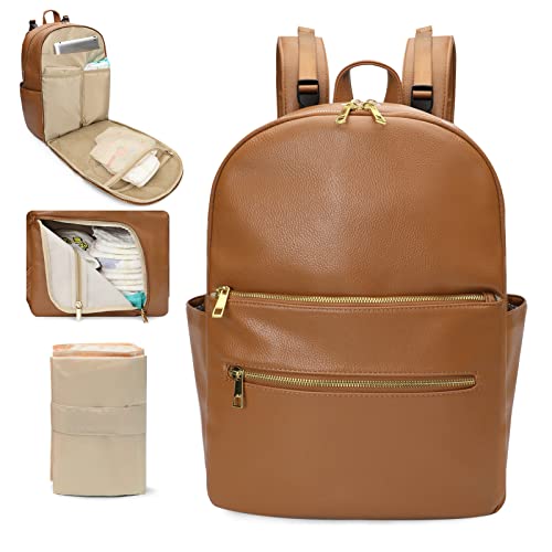 Omanmoli Diaper Bag Backpack Baby Diaper Bag Leather Diaper Bag Backpack Mom Dad with 18 Organizing Pouches,6 Insulated Pockets,Changing Pad,Stroller Straps, Large Capacity,Waterproof(Brown) - color: Brown