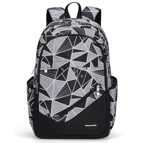 Boys' Large School Backpack, for 8-16 Years Old, Elementary - High School (Geometric black and gray, Large：19.5×7.2×13.25 inch) - color: Geometric Black and Gray