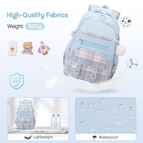 FIXITOK 3PCS School Backpack for Girls, Girls Backpack with Lunch Box, Pencil Case, Cute Kawaii Plaid Book Bag for Teen Girl Kindergarten Elementary Preschool Middle High School, Blue - color: Blue