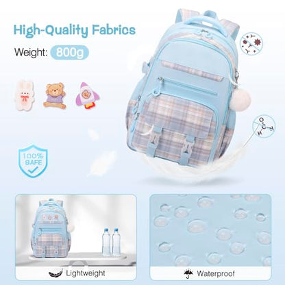 FIXITOK 3PCS School Backpack for Girls, Girls Backpack with Lunch Box, Pencil Case, Cute Kawaii Plaid Book Bag for Teen Girl Kindergarten Elementary Preschool Middle High School, Blue - color: Blue