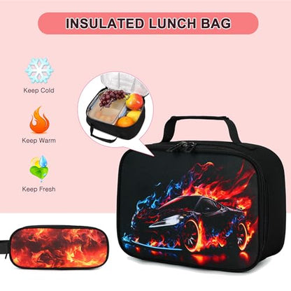 3PCS School Backpack for Boys, Cool Gamer Boys Backpack with Lunch Box and Pencil Case for Kids Kindergarten Teens Elementary Middle School Bag with Convenient Charging Port,Gaming Bookbag Waterproof - color: Red Flame Race Car