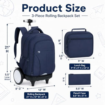AGSDON Quiet Glide Rolling Backpack with Lunch Box Set - Large Wheel Water-Resistant Wheeled Bag for Business, Travel, and College | Navy Blue 3-in-1 Organizer Backpack - color: Reflective Blue - Rolling Backpack