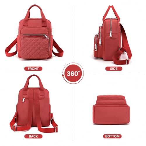 Small Backpack for Women Casual Quilted Square Bag Waterproof Multi Pockets Daypack Lightweight Top Handle Satchel - color: Orange Red