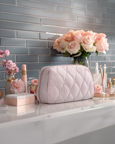 BAGSMART Makeup Bag, Travel Cosmetic Bag, Puffy Padded Make Up Bag for Women, Makeup Organizer Case, Wide-open Pouch Purse, Travel Essentials, Toiletries Accessories Brushes, Pink - color: A-Pink