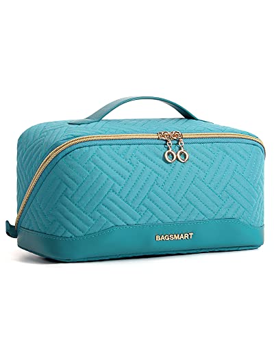 BAGSMART Makeup Bag Cosmetic Bag, Travel Makeup Bag,Water-resistent Makeup Bags for Women Portable Pouch Open Flat Make Up Organizer Bag for Toiletries, Brushes, Teal - color: 18-Teal