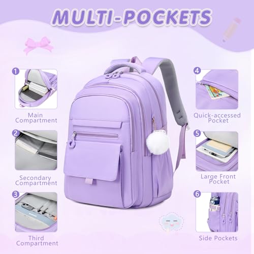GeeWin Backpacks for Girls, Girls Backpack with Lunch Box & Pencil Case Set, 17 Inch Waterproof Girl Bookbag with Lots of Pockets for Kids, Teens, Elementary Middle High College School Student(Purple) - color: Purple