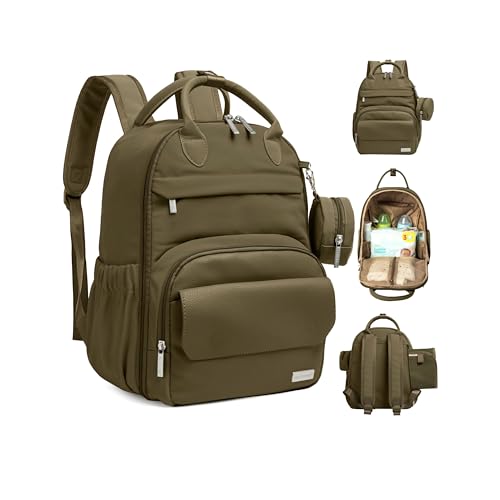 KeaBabies Diaper Bag Backpack - Multifunctional Travel Diaper Back Packs, Maternity Baby Changing Bags, Compact 18L Capacity, PU Leather, Waterproof, Unisex, Nappy Changing Pad (Dark Olive) - color: Dark Olive, style: Jumbo / 16.5" H