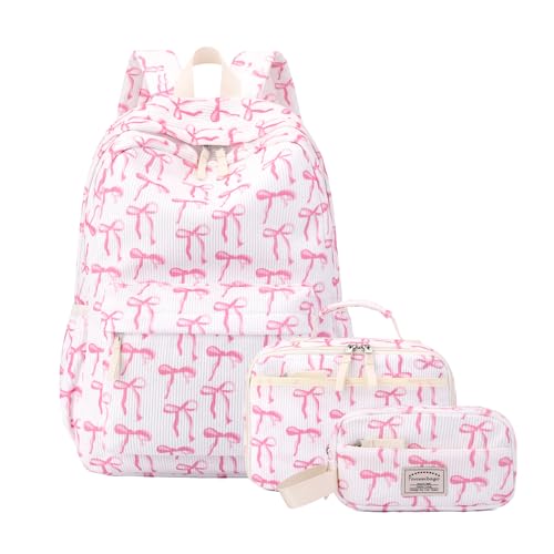 Tanweibago Backpack for Girls Boy Teen Corduroy Bookbags Elementary Middle High School with Lunch Box Pencil Bag (Bows Pink) - color: Bows Pink